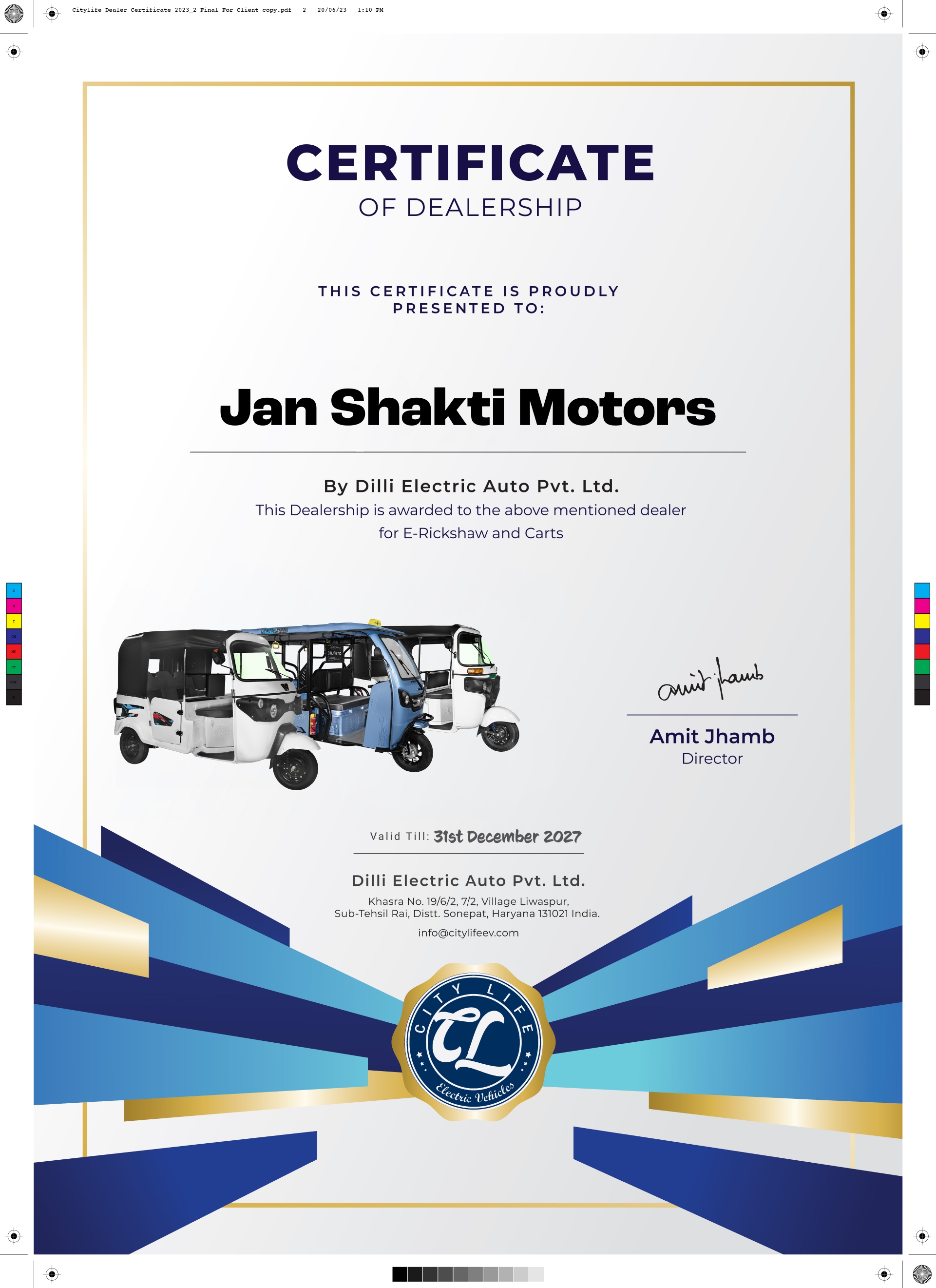 Jan Shakti Motors Citylife Authorized Dealership Certificate